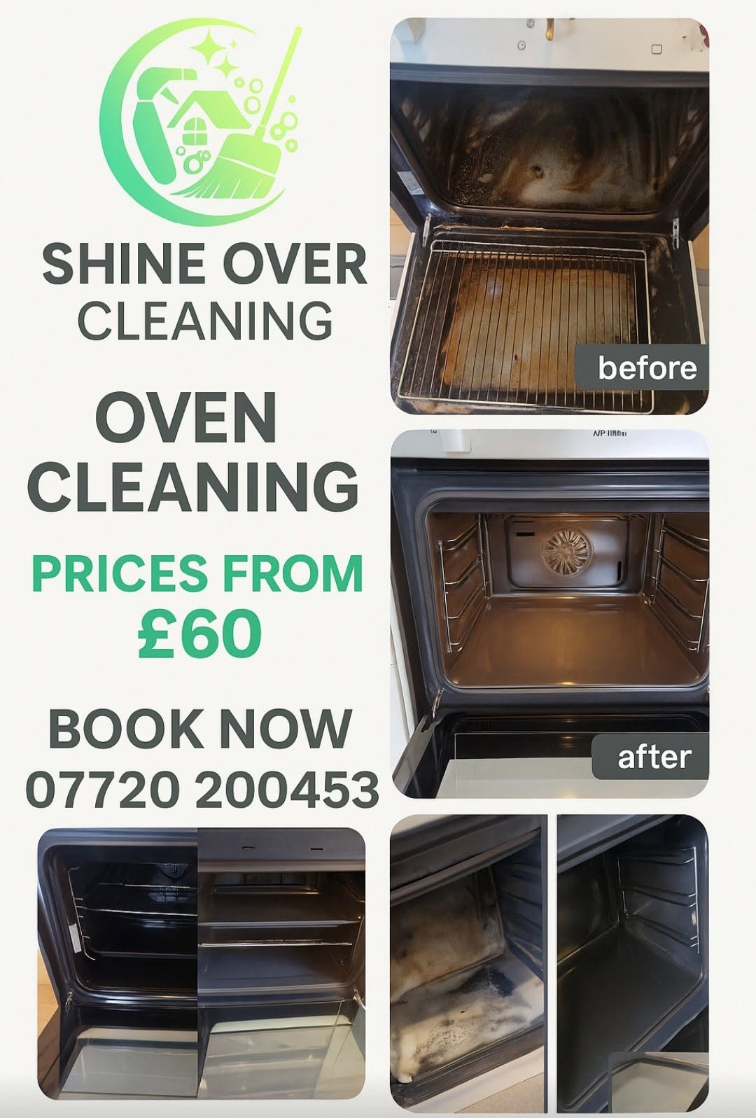 Before and after professional oven cleaning by Shine Over Cleaning showing dramatic transformation